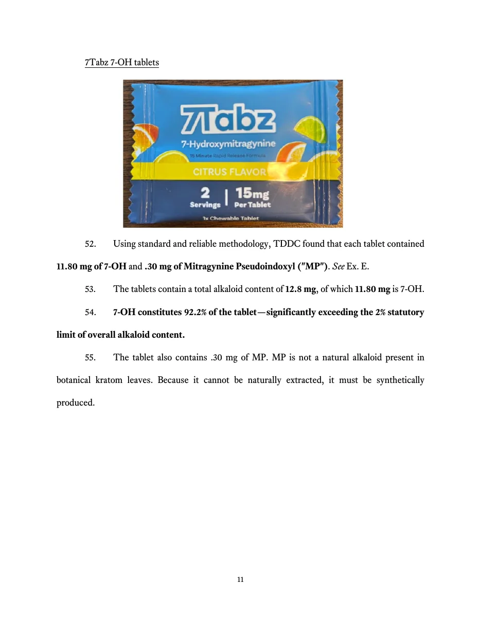 Page 11 of the petition: a blue 7Tabz sachet, 7-Hydroxymitragynine, 15 Minute Rapid Release Formula, Citrus Flavor, 2 servings, 15mg per tablet, and paragraphs reporting 11.80 mg of 7-OH and .30 mg of MP.