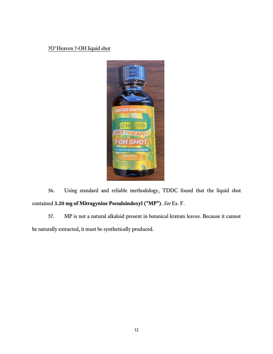 Page 12 of the petition: a bottle labelled Limited Edition, 7 O'Heaven, Sunny Pineapple, 7-OH Shot, 7-Hydroxymitragynine, 50mg total, dietary supplement, and paragraphs reporting 3.20 mg of mitragynine pseudoindoxyl in the shot.