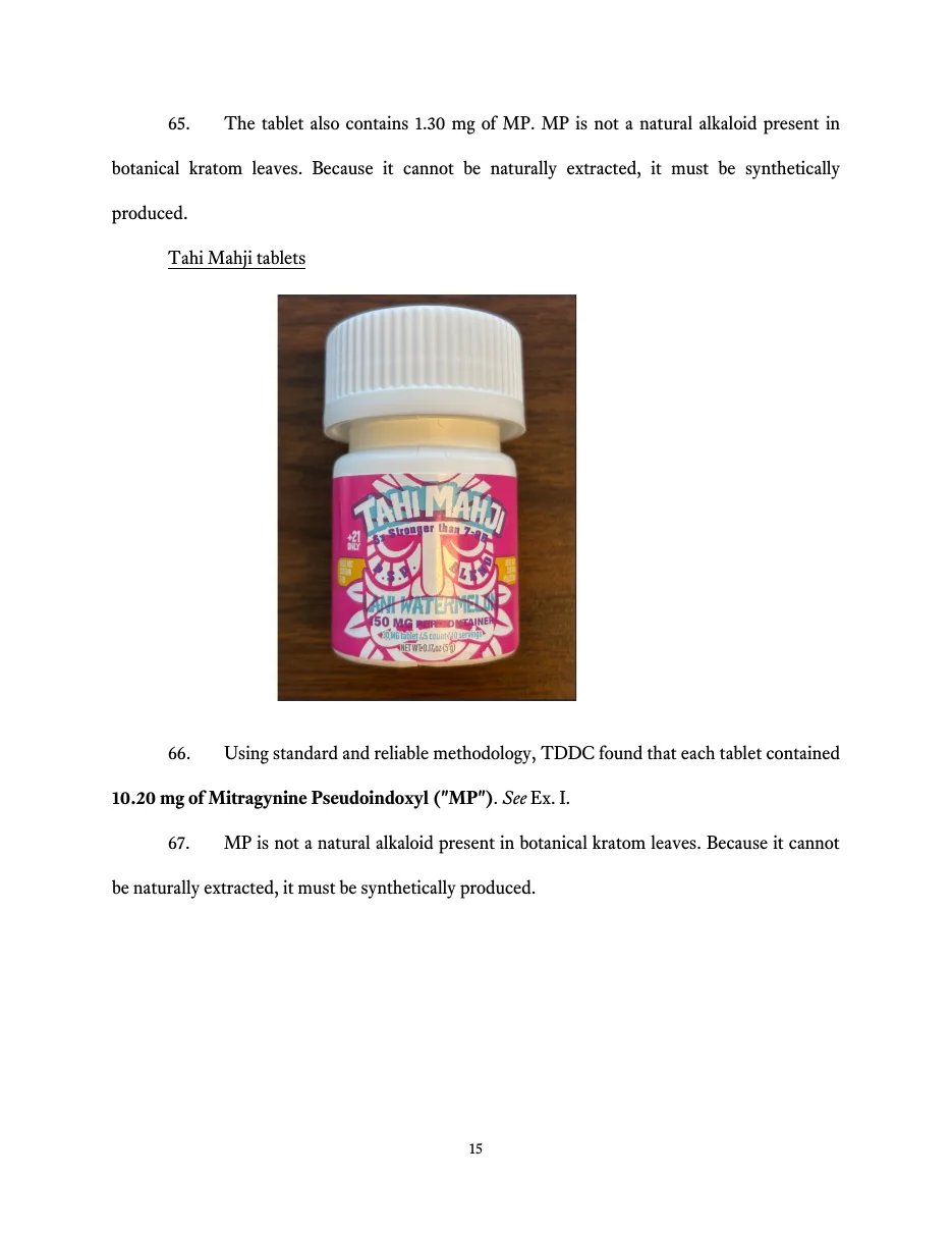 Page 15 of the petition: a white-capped pink bottle labelled Tahi Mahji, watermelon, 30 mg, and paragraphs reporting 10.20 mg of mitragynine pseudoindoxyl per tablet.