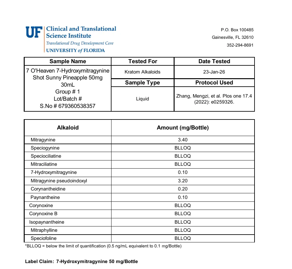 Exhibit F of the petition: results sheet for 7 O'Heaven 7-Hydroxymitragynine Shot Sunny Pineapple 50mg 30mL: mitragynine 3.40, 7-hydroxymitragynine 0.10, mitragynine pseudoindoxyl 3.20 mg per bottle; label claim 7-hydroxymitragynine 50 mg per bottle.