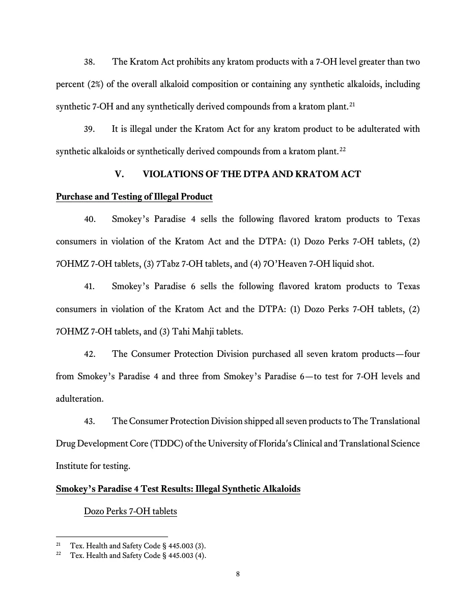Page 8 of the petition: paragraphs 40 to 43 list four products sold at Smokey's Paradise 4 (Dozo Perks, 7OHMZ, 7Tabz, 7O'Heaven) and three at Smokey's Paradise 6 (Dozo Perks, 7OHMZ, Tahi Mahji), and say all seven were bought and sent to the University of Florida's Translational Drug Development Core.