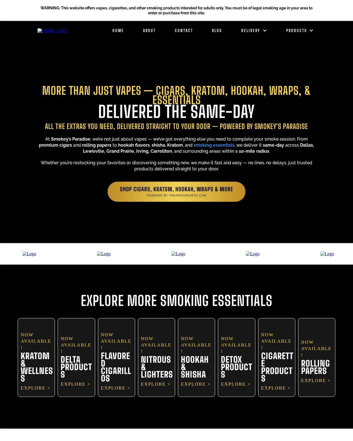 The More Products page of smokeysparadisetx.com in March 2026: More than just vapes, cigars, kratom, hookah, wraps and essentials delivered the same day, with tiles for Kratom & Wellness, Delta Products, Flavored Cigarillos, Nitrous & Lighters, Hookah & Shisha, Detox Products, Cigarette Products and Rolling Papers.