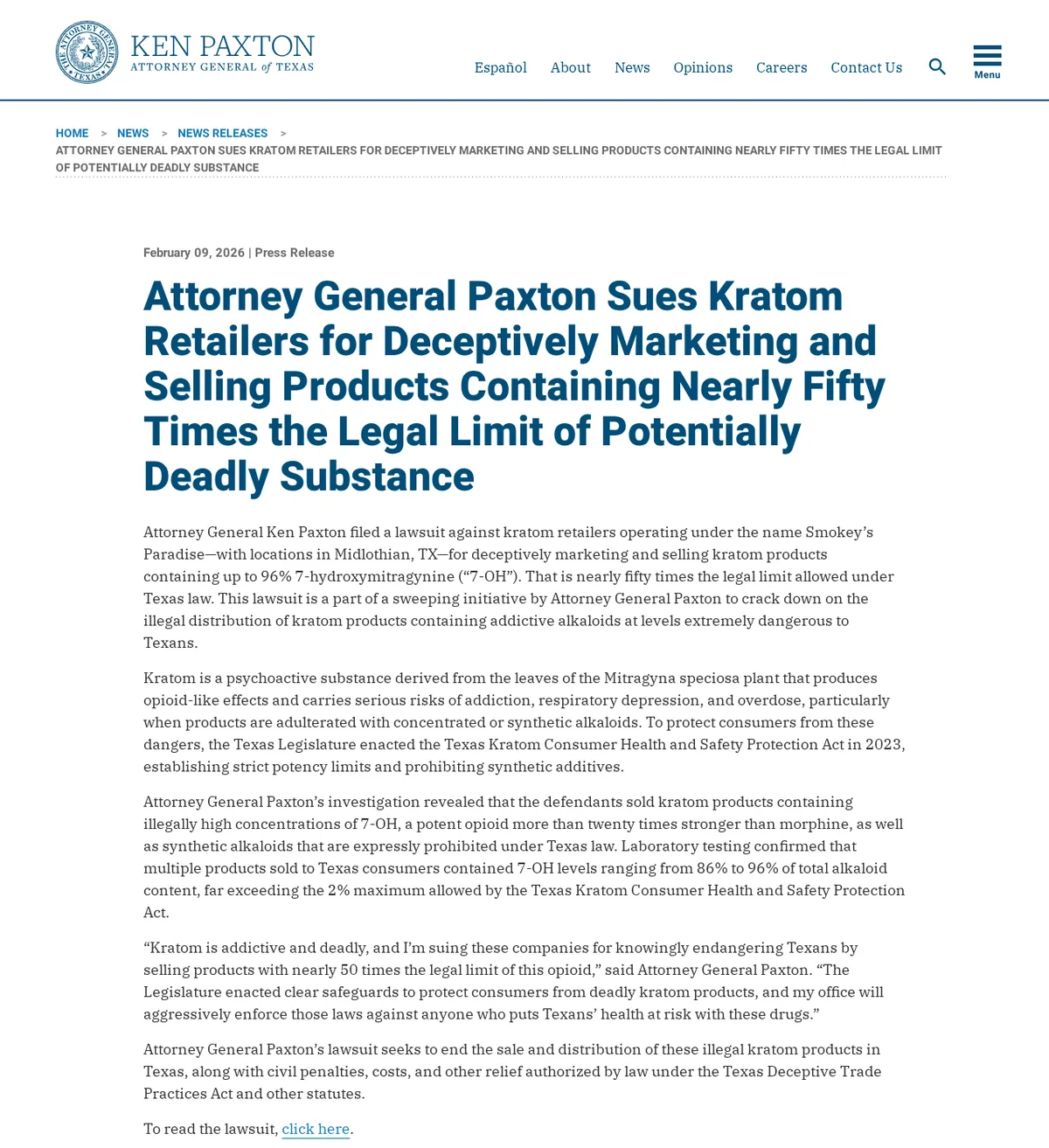 The Texas Attorney General's press release of February 9, 2026, headed Attorney General Paxton Sues Kratom Retailers for Deceptively Marketing and Selling Products Containing Nearly Fifty Times the Legal Limit of Potentially Deadly Substance, naming retailers operating as Smokey's Paradise with locations in Midlothian.