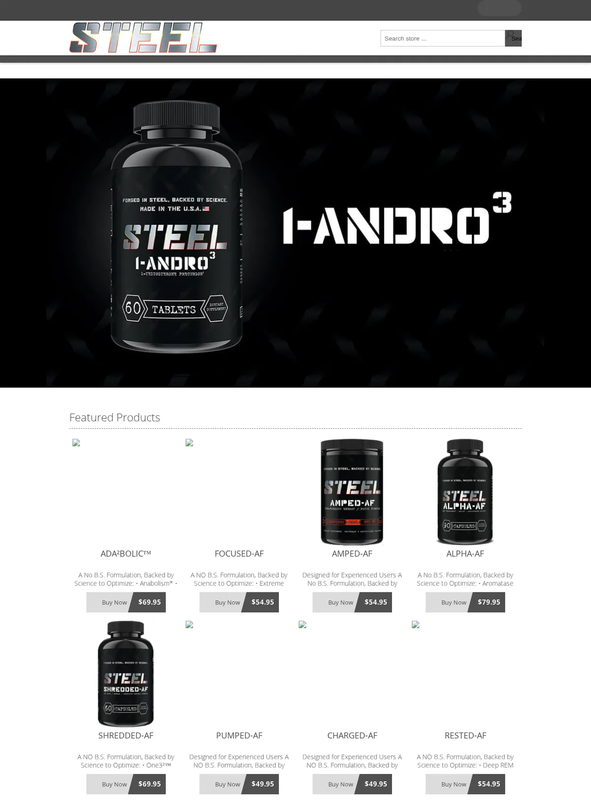 The steelsupplements.com home page as archived in June 2017: the STEEL logo; a banner of a black bottle labelled STEEL 1-ANDRO 3, 1-testosterone precursor, 60 tablets, dietary supplement, under the words Forged in steel, backed by science, made in the U.S.A.; and a grid of featured products, Ada2bolic, Focused-AF, Amped-AF, Alpha-AF, Shredded-AF, Pumped-AF, Charged-AF and Rested-AF, several with bottle photographs.