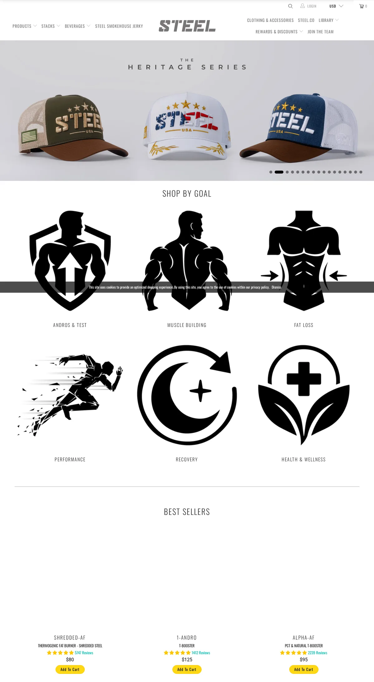 The steelsupplements.com home page archived in October 2026: a menu with products, stacks and beverages; a banner of three baseball caps; a Shop by goal grid whose first tile is Andros and Test; and a best sellers row of Shredded-AF, 1-Andro T-booster at $125, and Alpha-AF, then N.O.7, Hyperbolic and Adabolic. The product photographs did not survive in the archive.