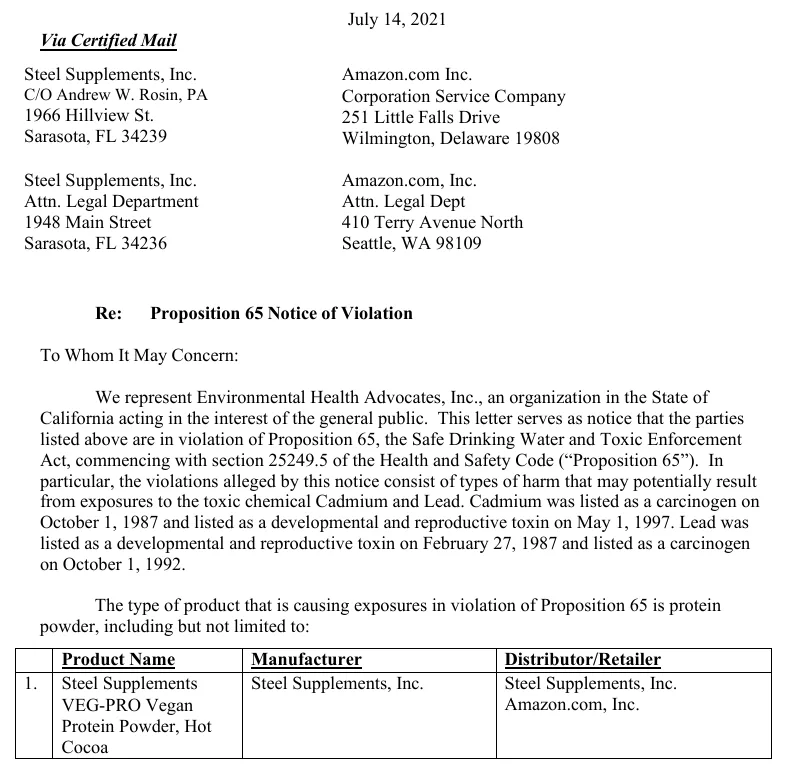 A Proposition 65 notice of violation dated July 14, 2021, sent by certified mail to Steel Supplements, Inc. at two Sarasota addresses and to Amazon.com: it says the notice concerns exposures to cadmium and lead, and its table lists the product Steel Supplements VEG-PRO Vegan Protein Powder, Hot Cocoa, manufactured by Steel Supplements, Inc. and distributed by Steel Supplements, Inc. and Amazon.com, Inc.