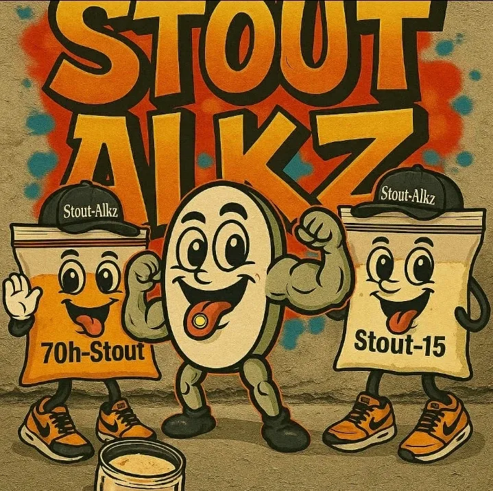 Graffiti-style art reading STOUT ALKZ above three cartoon characters: an orange bag labelled 7oh-Stout, a muscular grinning tablet, and a pale bag labelled Stout-15, in caps and trainers.