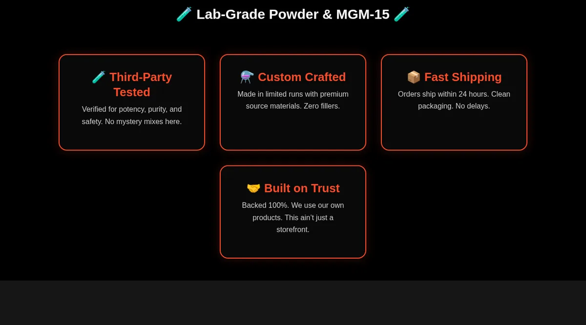 Four boxes under the heading Lab-Grade Powder and MGM-15: Third-Party Tested, verified for potency, purity, and safety; Custom Crafted; Fast Shipping; Built on Trust, we use our own products.