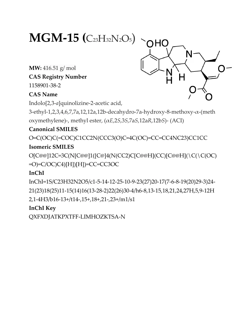 Page 1 of the linked PDF: MGM-15 (C23H32N2O5), molecular weight, CAS registry number 1158901-38-2, CAS name, SMILES, InChI and InChI key, and a structure drawing.