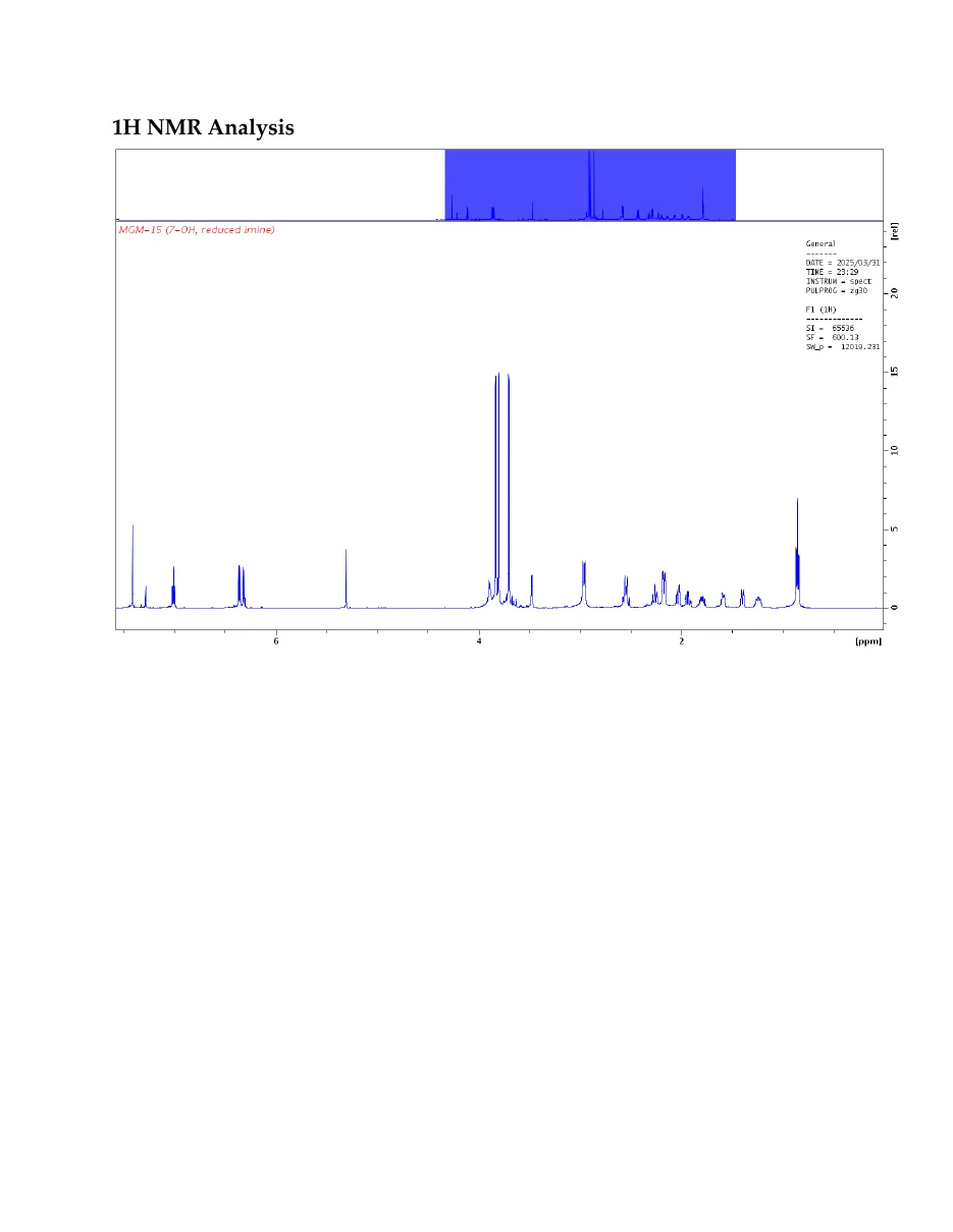 Page 2: 1H NMR Analysis, a spectrum labelled MGM-15 (7-OH, reduced imine), with an acquisition block reading DATE = 2025/03/31.