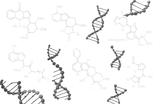 Grey chemical structure drawings and DNA helices scattered on white; one label reads mitragydimc, and several structures have impossible bonds and misspelt groups.