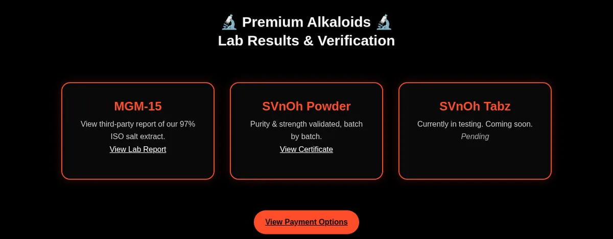 Lab Results and Verification: MGM-15, view third-party report of our 97% ISO salt extract; SVnOh Powder, purity and strength validated batch by batch; SVnOh Tabz, currently in testing, pending.