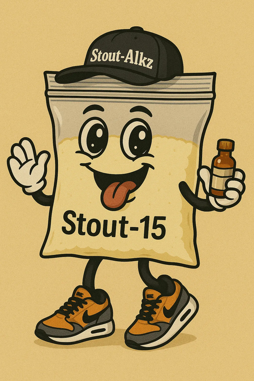 A cartoon mascot: a smiling zip bag of pale powder labelled Stout-15, in a Stout-Alkz cap and orange trainers, waving and holding a small brown bottle.