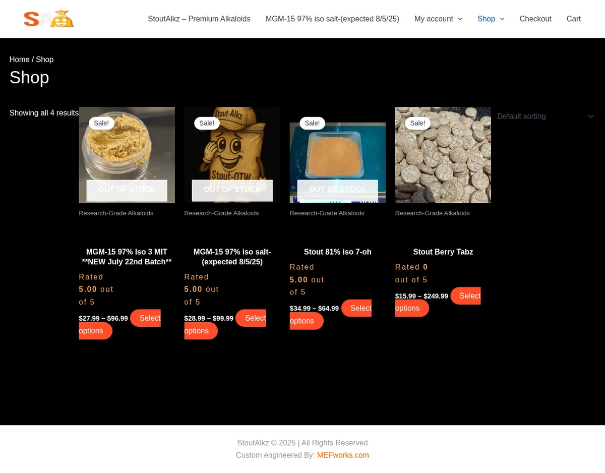 The shop page: four products, MGM-15 97% Iso 3 MIT new July 22nd batch, MGM-15 97% iso salt expected 8/5/25, Stout 81% iso 7-oh, and Stout Berry Tabz, each labelled Research-Grade Alkaloids; footer Custom engineered by MEFworks.com.