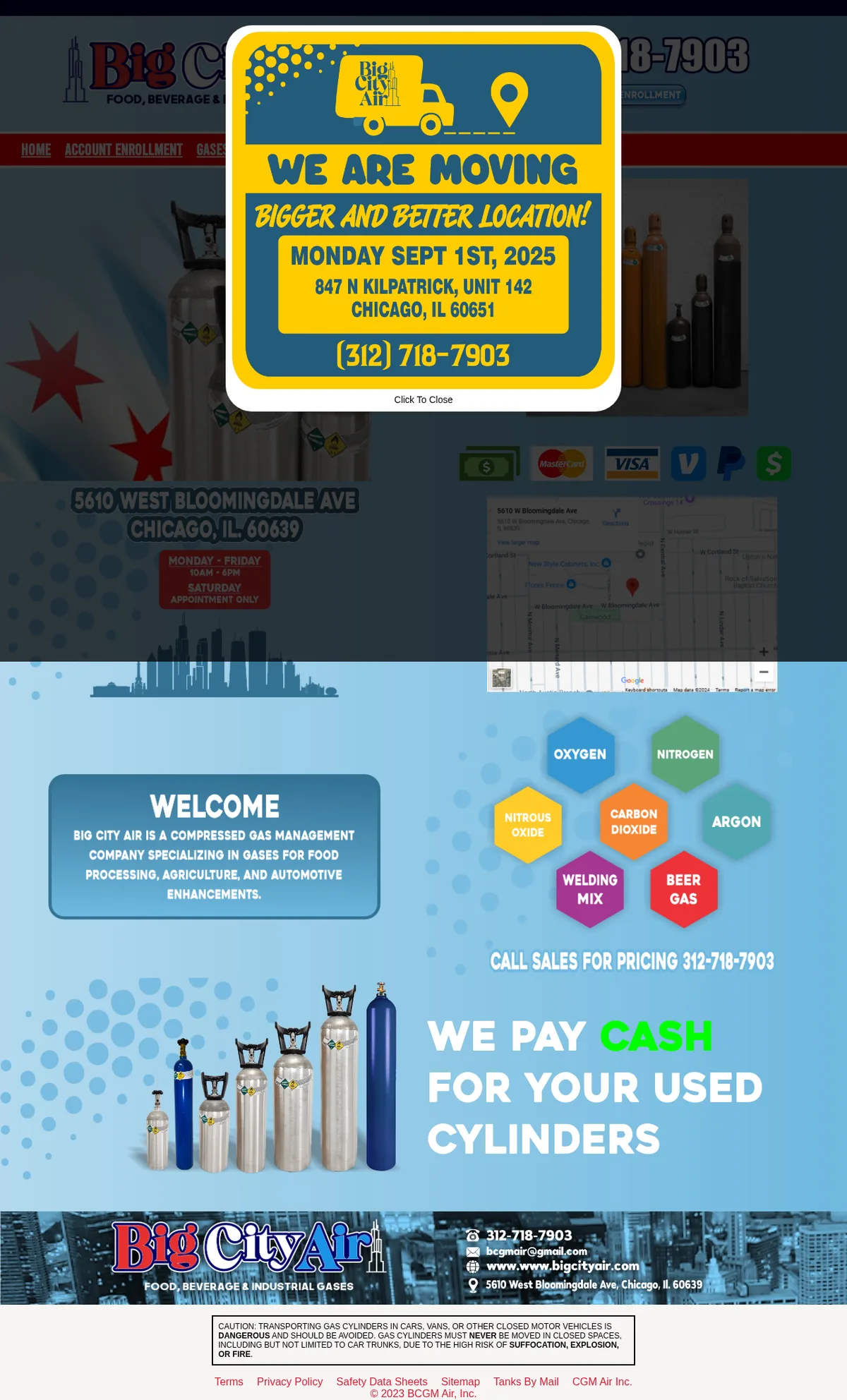The Big City Air home page in August 2025: a We Are Moving notice for September 1, 2025 to 847 N Kilpatrick, Chicago; a Welcome box calling Big City Air a compressed gas management company; gas tiles for oxygen, nitrogen, nitrous oxide, carbon dioxide, argon, welding mix and beer gas; and a footer with links to Tanks By Mail and CGM Air Inc., copyright 2023 BCGM Air, Inc.