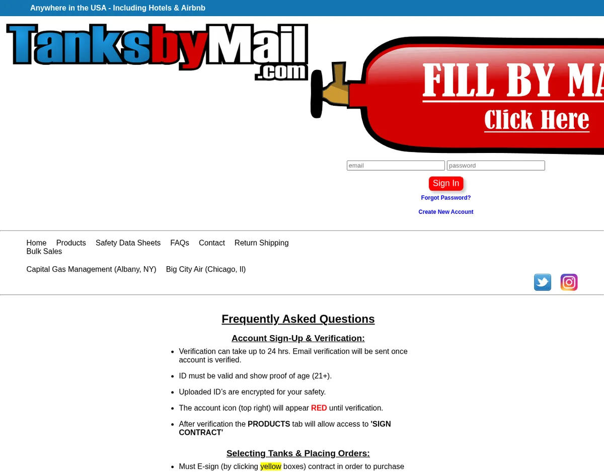 The FAQ page in December 2023: the Tanks by Mail logo, a red Fill By Mail cylinder banner, menu links to Capital Gas Management (Albany, NY) and Big City Air (Chicago, Il), and the first answers: ID must be valid and show proof of age (21+).