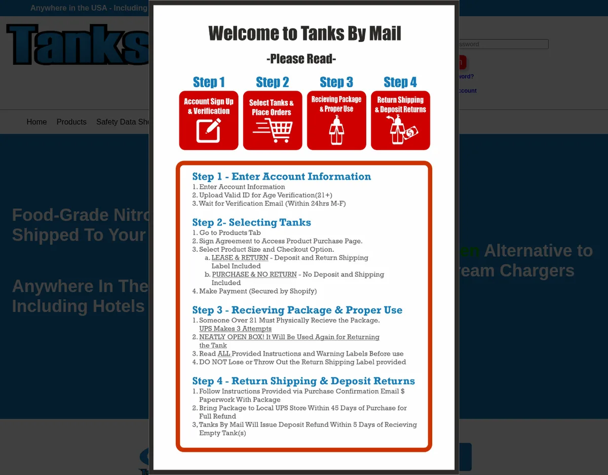 The Tanks By Mail home page in November 2022 behind a welcome box: four red steps, Account Sign Up and Verification, Select Tanks and Place Orders, Receiving Package and Proper Use, Return Shipping and Deposit Returns, with Upload Valid ID for Age Verification (21+) and Sign Agreement to Access Product Purchase Page.