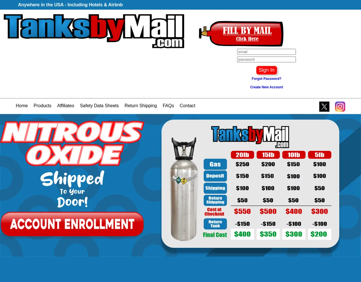 The August 2025 home page: Nitrous Oxide Shipped To Your Door, an Account Enrollment button, and a price table for 20, 15, 10 and 5 lb tanks listing gas, deposit, shipping, return shipping, cost at checkout, the returned deposit and a final cost.