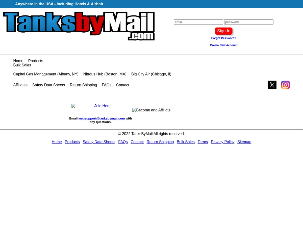 The affiliates page in April 2024, its menu listing Capital Gas Management (Albany, NY), Nitrous Hub (Boston, MA) and Big City Air (Chicago, Il), and an Email websupport at tanksbymail.com line.