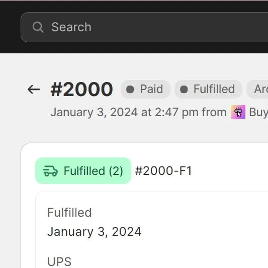 A cropped screenshot of a Shopify order page: order number 2000, Paid, Fulfilled, January 3, 2024 at 2:47 pm, Fulfilled (2), UPS.
