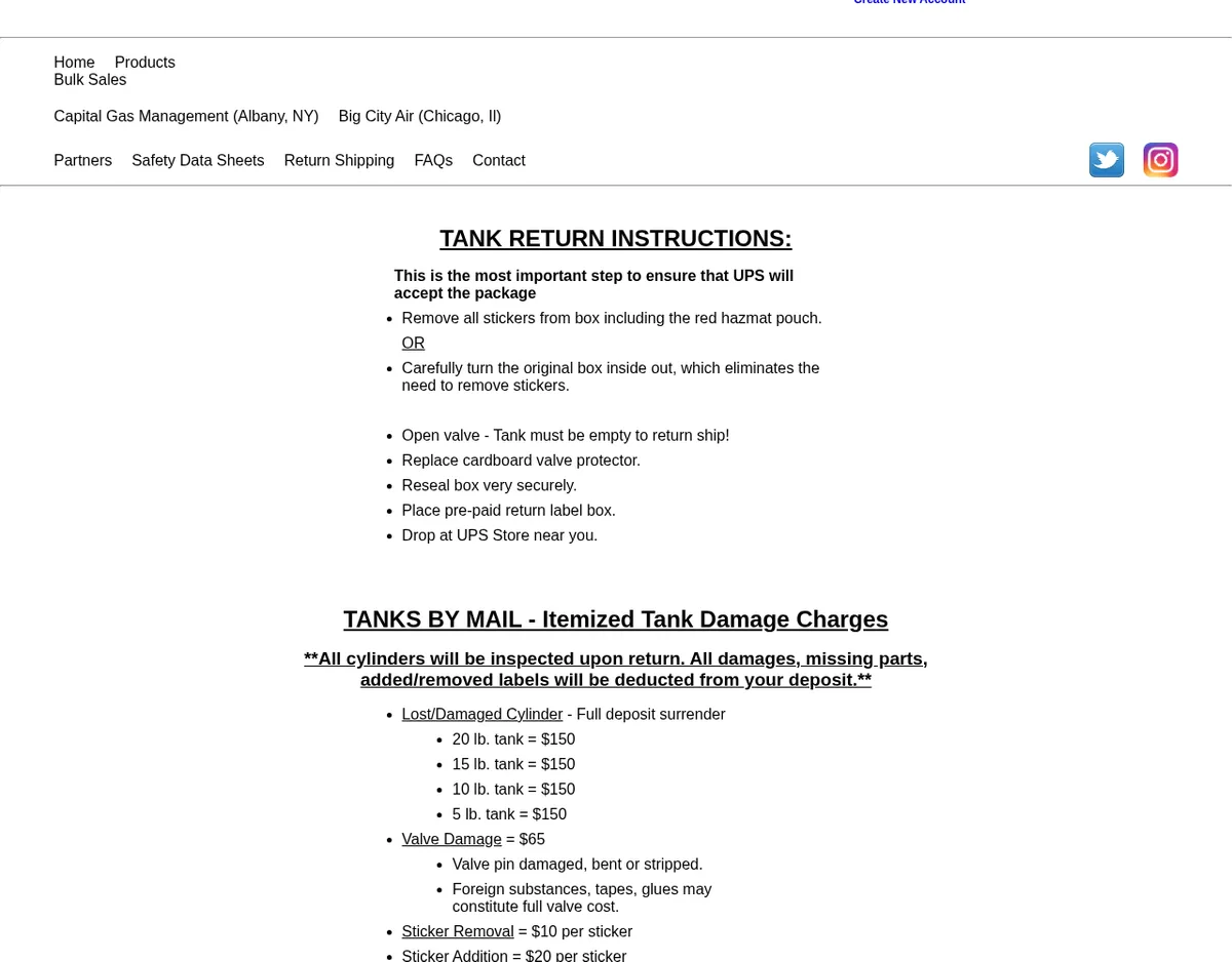 The return page in February 2024: Tank Return Instructions, remove all stickers from the box including the red hazmat pouch, then Itemized Tank Damage Charges: lost or damaged cylinder, full deposit; valve damage $65; sticker removal $10 per sticker; sticker addition $20 per sticker.