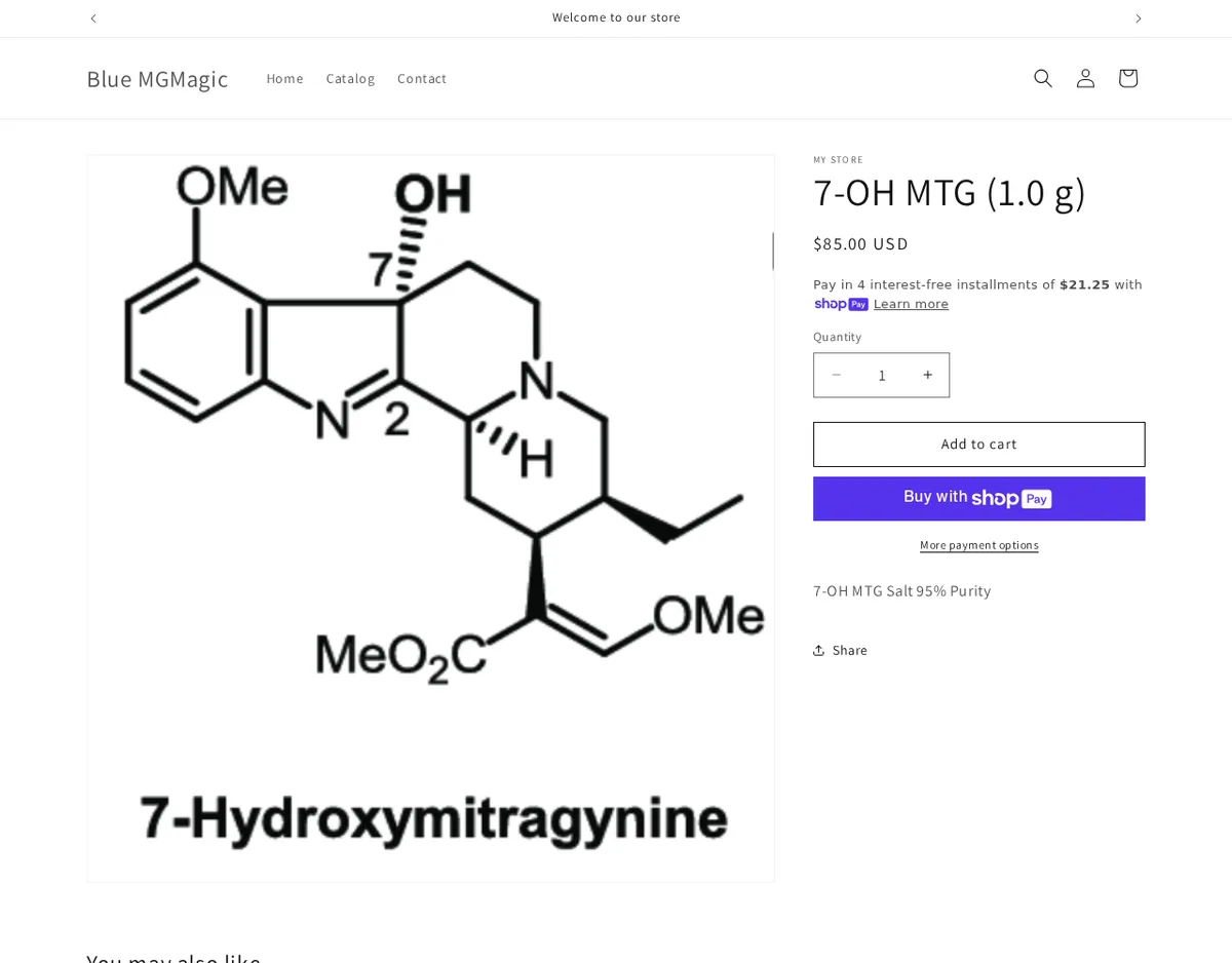 A product page: a structure drawing labelled 7-Hydroxymitragynine, the title 7-OH MTG (1.0 g), $85.00 USD, Add to cart, and the description 7-OH MTG Salt 95% Purity.