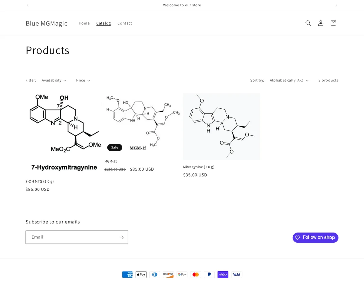 Products: three items with structure drawings, 7-OH MTG (1.0 g) at $85.00, MGM-15 on sale from $120.00 to $85.00, and Mitragynine (1.0 g) at $35.00; card logos below.