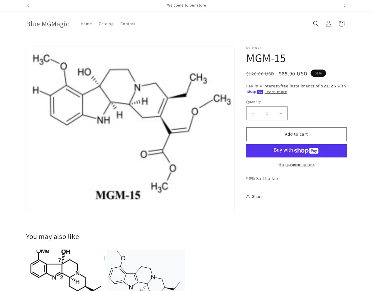 A product page: a structure drawing labelled MGM-15, the title MGM-15, $120.00 struck through and $85.00 USD, Sale, a Shop Pay instalment offer, Add to cart, and the only description: 98% Salt Isolate.