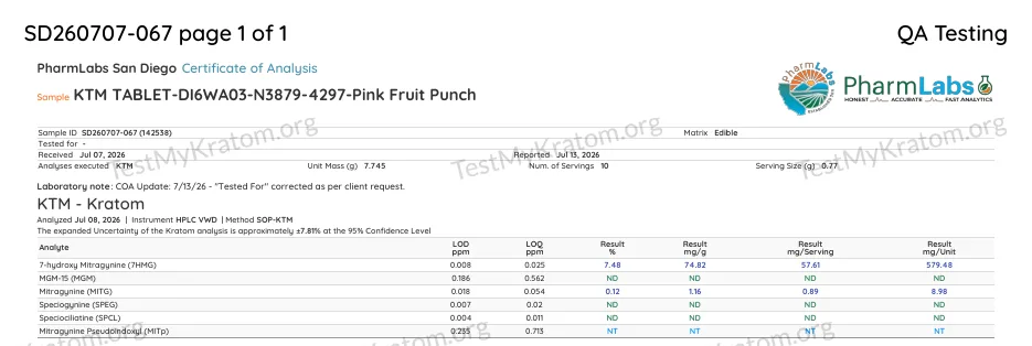 The top of a PharmLabs San Diego certificate dated July 2026 for sample KTM TABLET-DI6WA03-N3879-4297-Pink Fruit Punch, Tested for: a dash, a laboratory note that the Tested For field was corrected as per client request, and 57.61 mg of 7-hydroxymitragynine per serving.