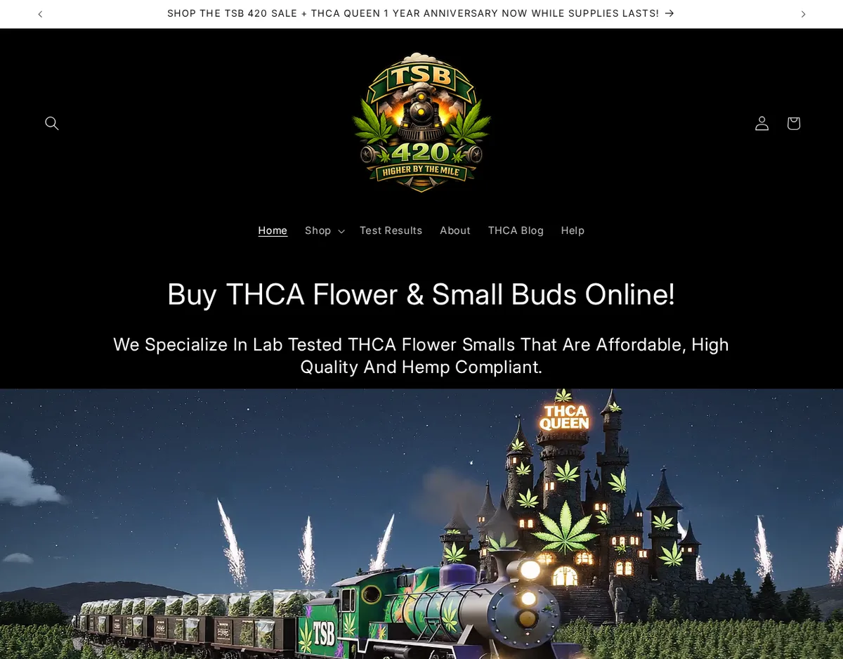 The THCASmallBuds home page in May 2026: a TSB 420 train logo, the headline 'Buy THCA Flower & Small Buds Online!' and a banner of a cannabis-leaf train heading to a THCA Queen castle.