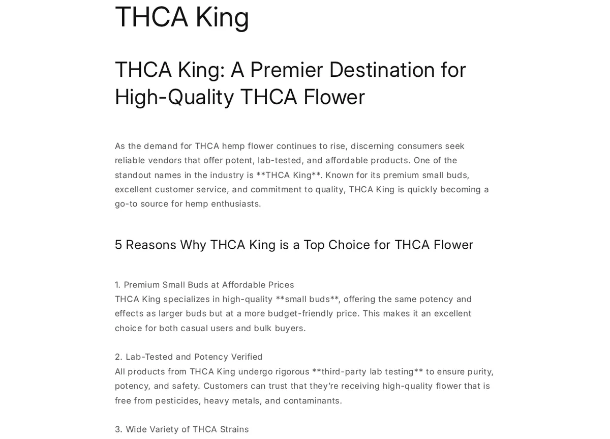 A page on thcasmallbuds.com titled 'THCA King: A Premier Destination for High-Quality THCA Flower', with a numbered list including 'Lab-Tested and Potency Verified'.