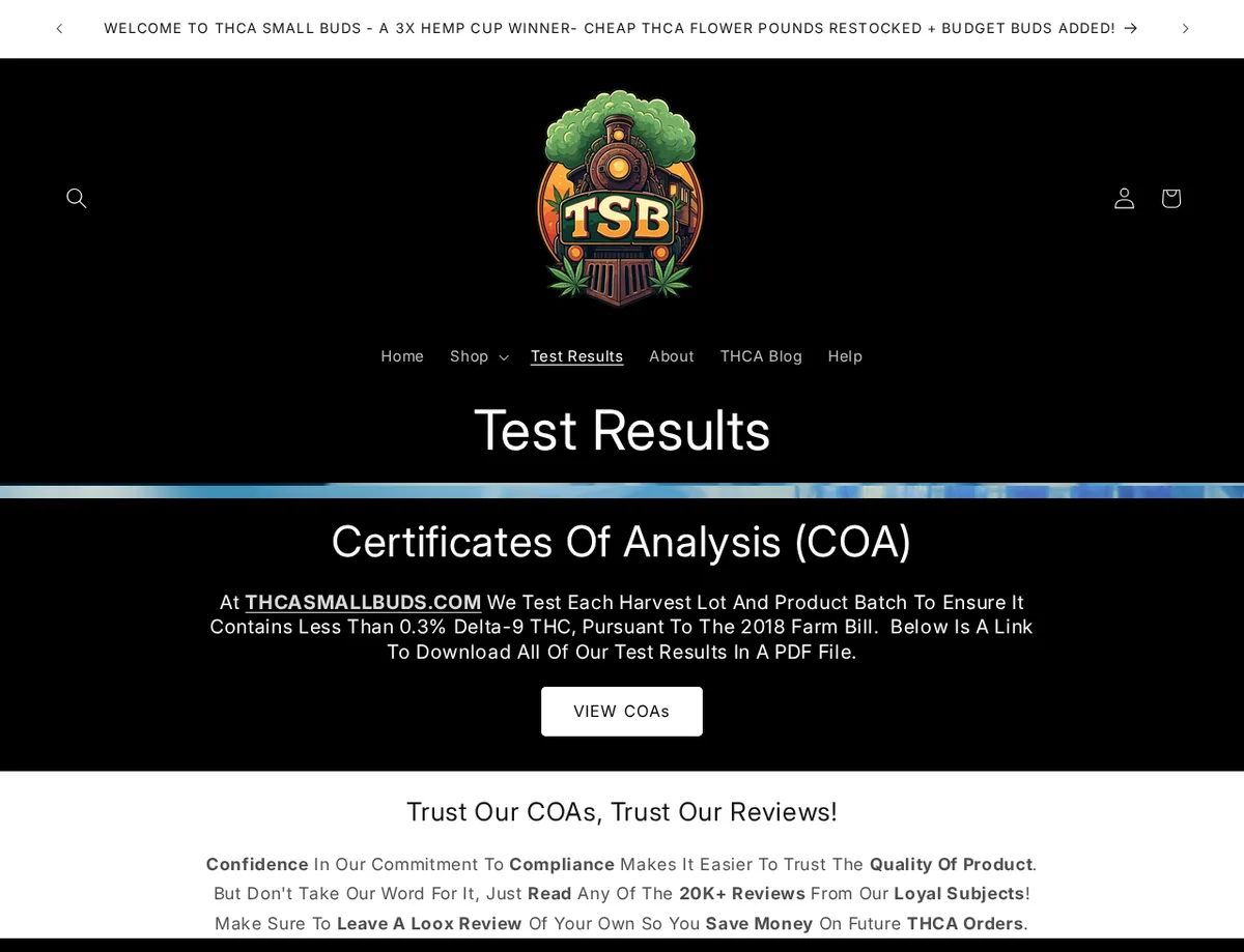 The THCASmallBuds test-results page: a header, then 'Certificates Of Analysis (COA)' with text promising a test of each harvest lot and a 'VIEW COAs' button.