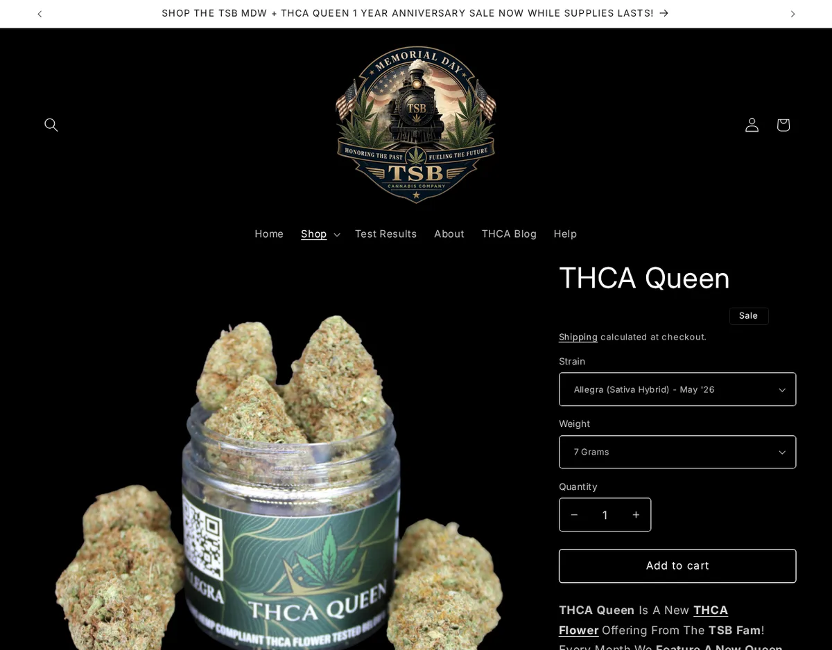 The THCA Queen product page in May 2026: a jar labelled THCA Queen, Allegra, with a strain selector reading 'Allegra (Sativa Hybrid) - May 26'.