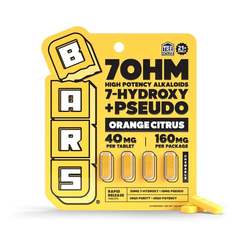 The brand's product render of a Bars 7OHM card, Orange Citrus, 7-hydroxy plus pseudo, 40 mg per tablet, four chewable tablets stamped TRE.