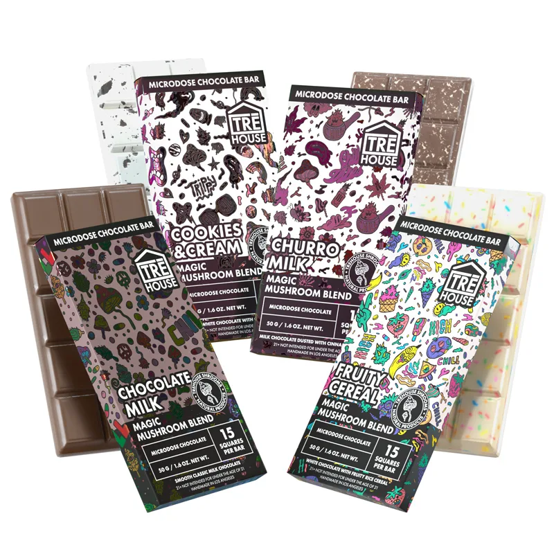 The brand's product render of four Magic Mushroom Blend microdose chocolate bars: Cookies & Cream, Churro Milk, Chocolate Milk and Fruity Cereal, each 15 squares, 50 g.