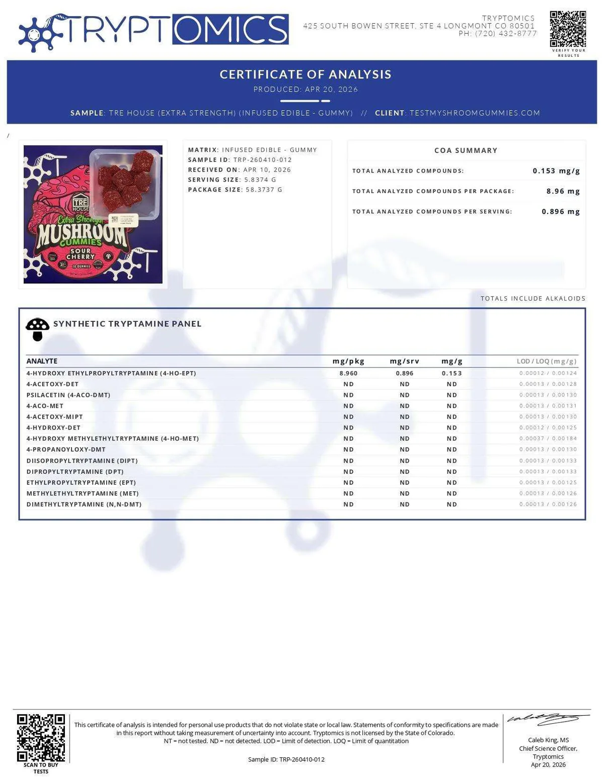 A Tryptomics certificate dated 20 April 2026 for Tre House Extra Strength Sour Cherry gummies, showing 4-HO-EPT and no other analyte.
