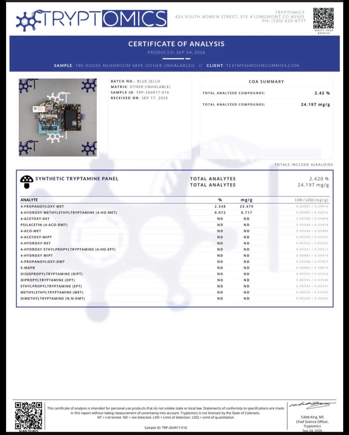 A Tryptomics certificate dated 24 September 2026 for a Tre House mushroom vape, Blue Jello, showing 4-propanoyloxy-MET and 4-HO-MET.