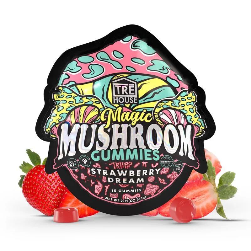 The brand's product render of a Magic Mushroom Gummies Strawberry Dream pouch, 15 gummies, 60 g, with round gummies in front.