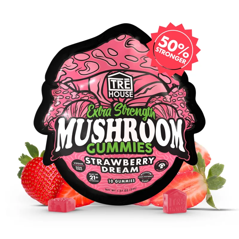 The brand's product render of an Extra Strength Mushroom Gummies Strawberry Dream pouch, 10 gummies, 36 g, with a '50% stronger' badge and square gummies.