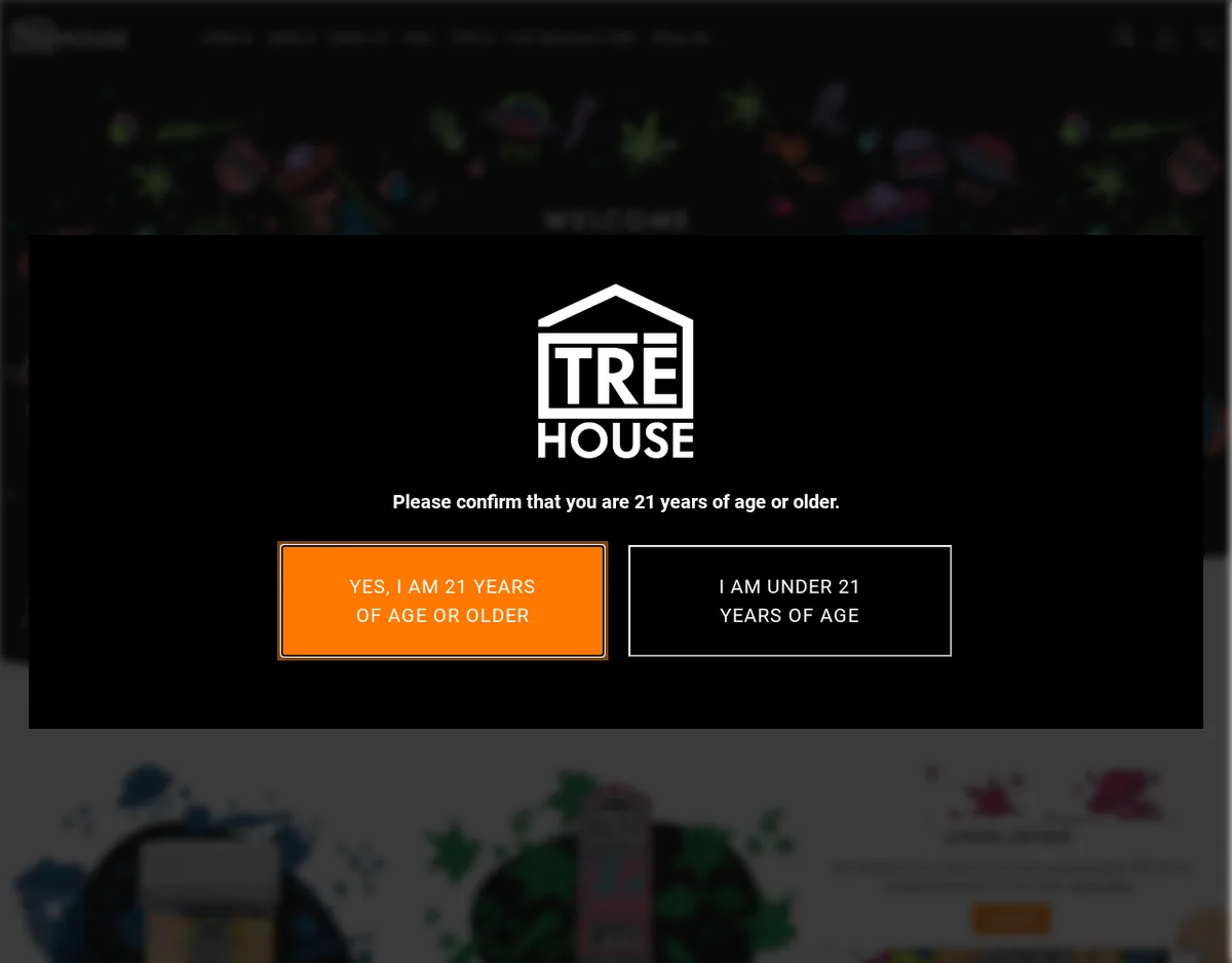 The Tre House storefront of January 2022 behind an age gate reading 'Please confirm that you are 21 years of age or older', with two buttons, yes and no.