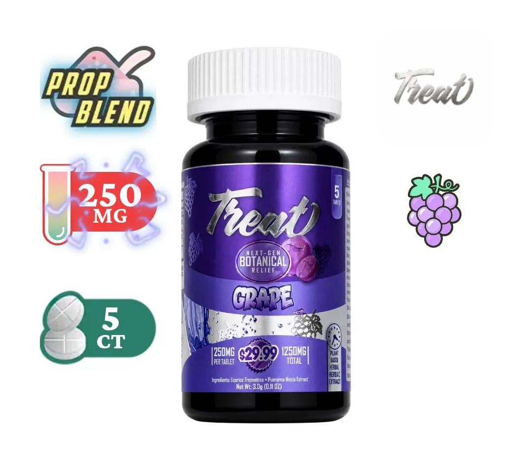 A product render of a purple Treat Grape bottle on white, with badges reading PROP BLEND, 250 MG and 5 CT, a silver Treat logo and a bunch of grapes.