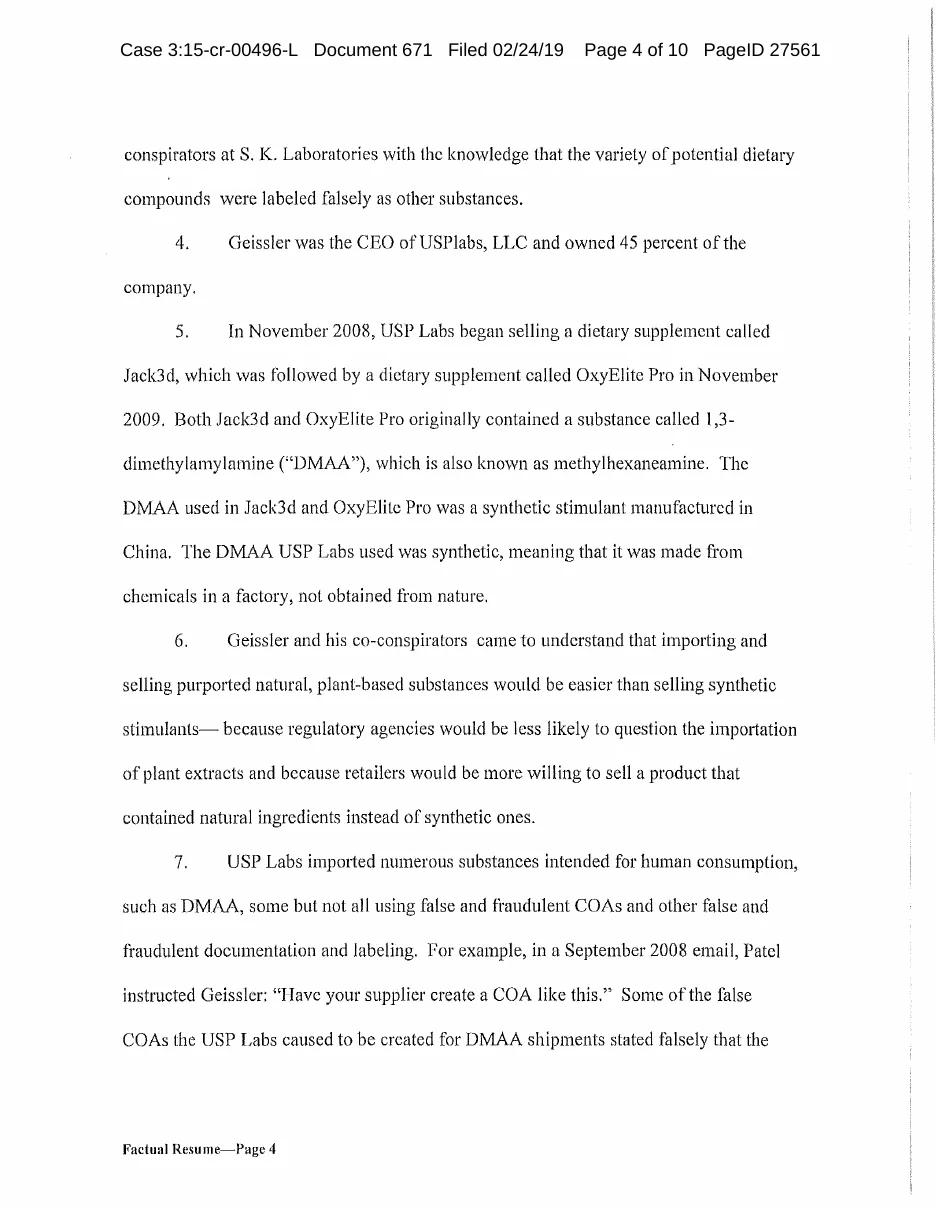 Page 4 of the factual resume filed 24 February 2019 in case 3:15-cr-00496, stating that USP Labs began selling Jack3d in November 2008 and OxyElite Pro in November 2009, that both originally contained DMAA, and that the DMAA was a synthetic stimulant manufactured in China.