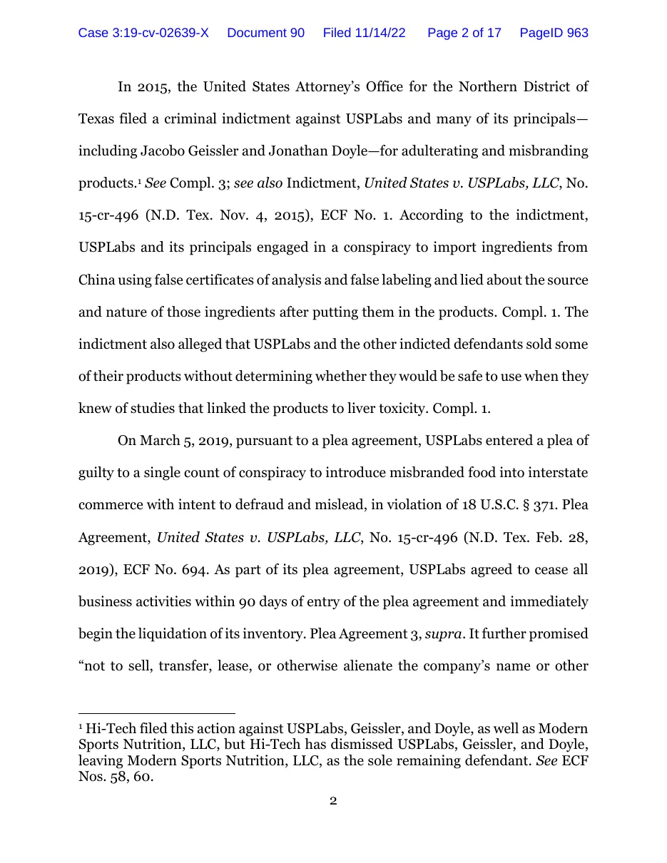 Page 2 of a magistrate judge's findings of 14 November 2022 in Hi-Tech Pharmaceuticals v. Modern Sports Nutrition, describing the 2015 indictment and USPlabs' March 2019 guilty plea, under which it agreed to cease all business activities within 90 days and promised not to sell or transfer its name or trademarks.