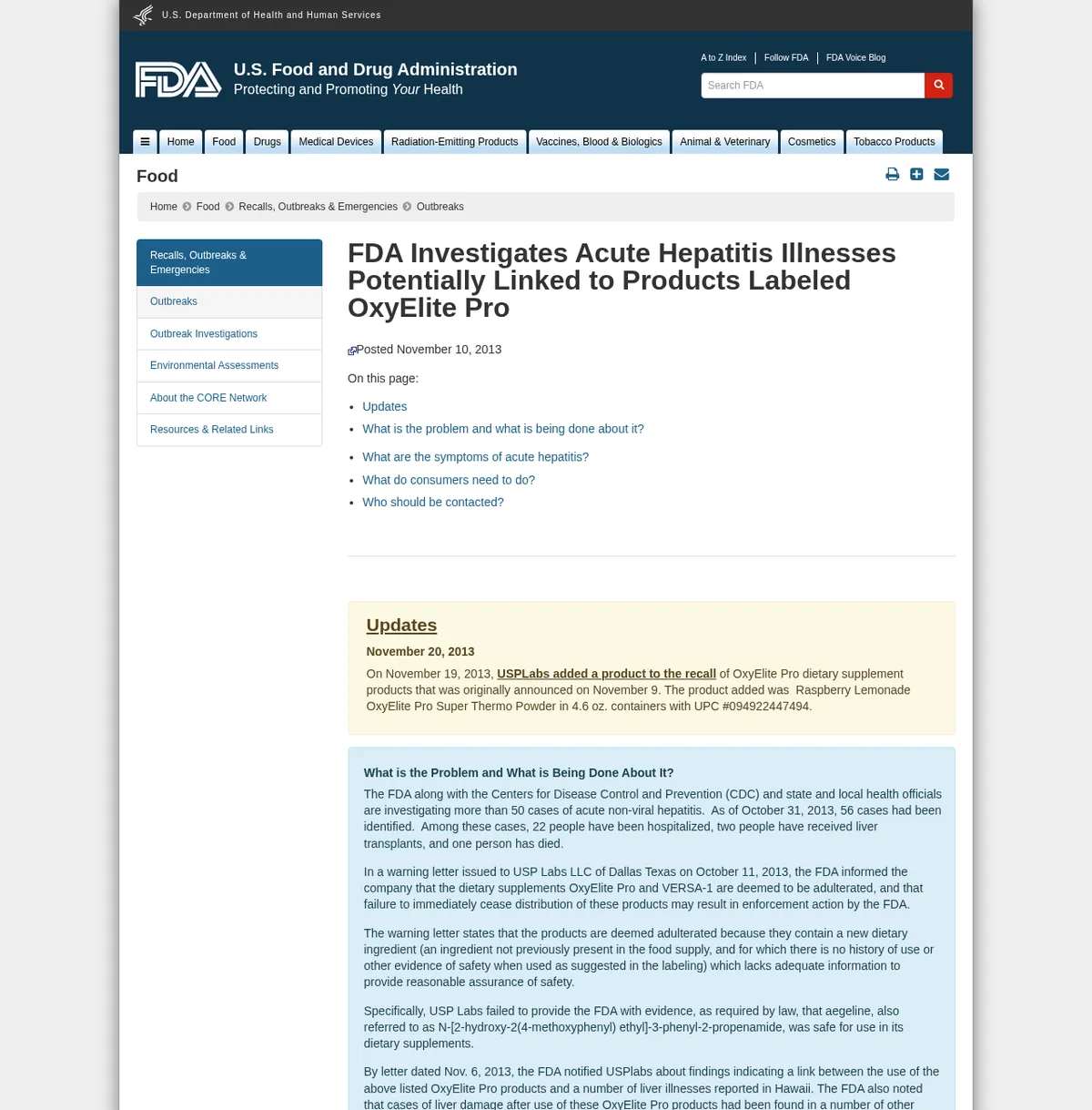 The same FDA page as updated in November 2013: 56 cases as of 31 October, 22 hospitalized, two transplants and one death; the 11 October 2013 warning letter deeming OxyElite Pro and VERSA-1 adulterated because USP Labs gave no evidence that aegeline was safe.