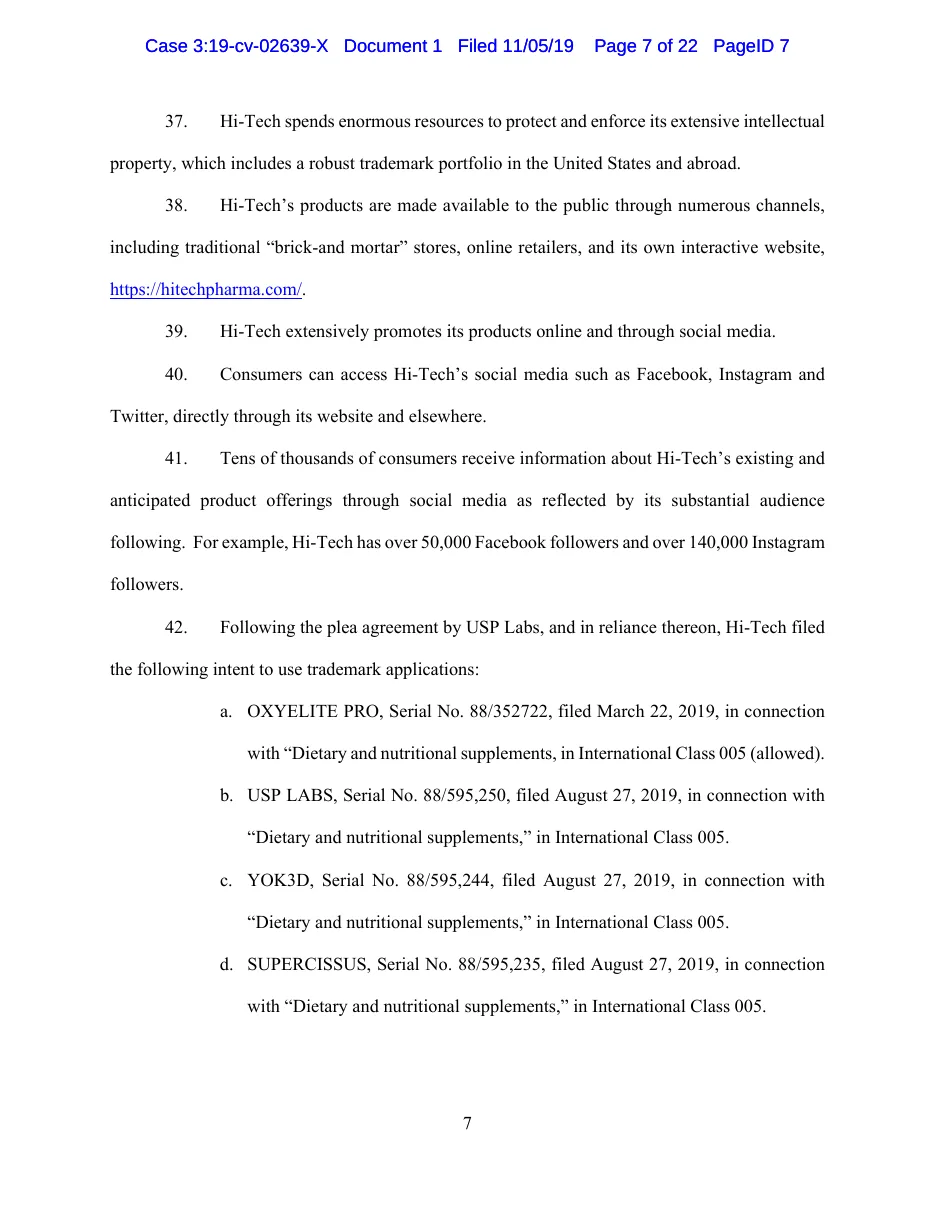 Page 7 of Hi-Tech Pharmaceuticals' complaint of 5 November 2019 against USPlabs, listing intent-to-use trademark applications Hi-Tech filed after the plea agreement: OXYELITE PRO, USP LABS, YOK3D and SUPERCISSUS.