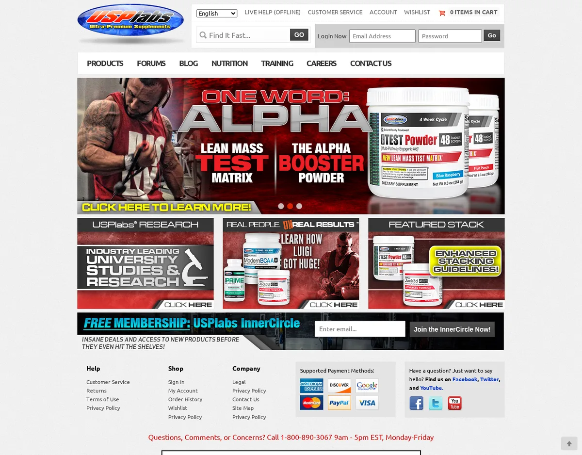 The USPlabs Direct storefront on 11 November 2013: a banner for Test Powder, tiles for USPlabs Research, Real People Real Results and a Featured Stack with tubs of Test Powder and Jack3d Advanced Formula, and an InnerCircle membership signup.