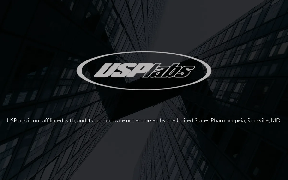The usplabsdirect.com home page in August 2019: the USPlabs oval logo on a dark photograph of office towers, and the line USPlabs is not affiliated with, and its products are not endorsed by, the United States Pharmacopeia, Rockville, MD.