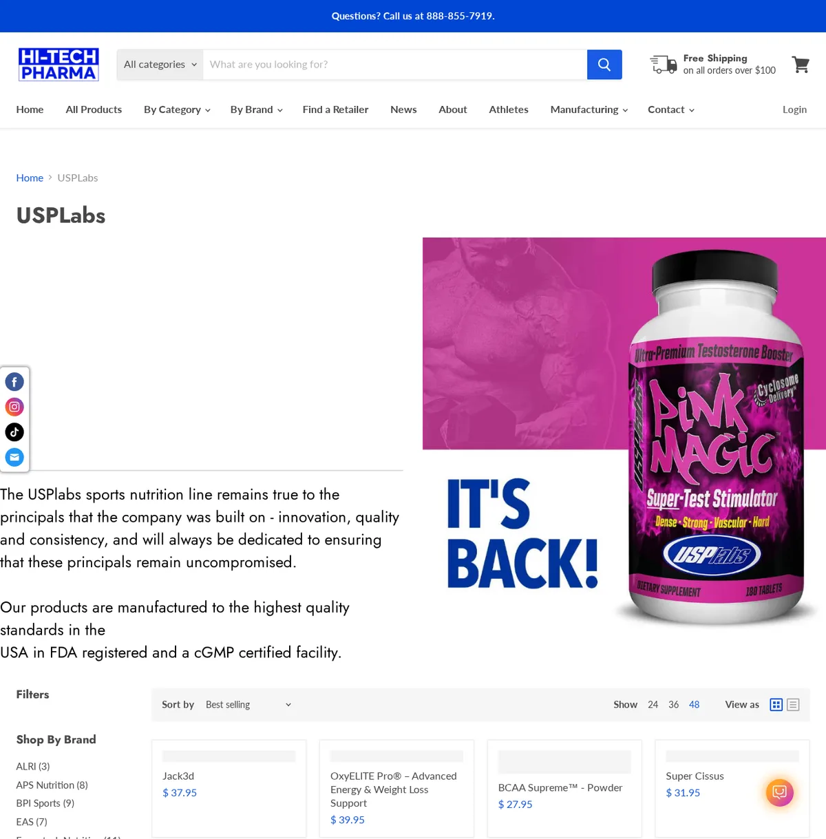 The USPLabs collection page on hitechpharma.com in April 2026: a Pink Magic tub with the USPlabs logo and the words It's Back, text saying the USPlabs sports nutrition line remains true to the principals the company was built on, and a product grid beginning with Jack3d, OxyELITE Pro, BCAA Supreme and Super Cissus.