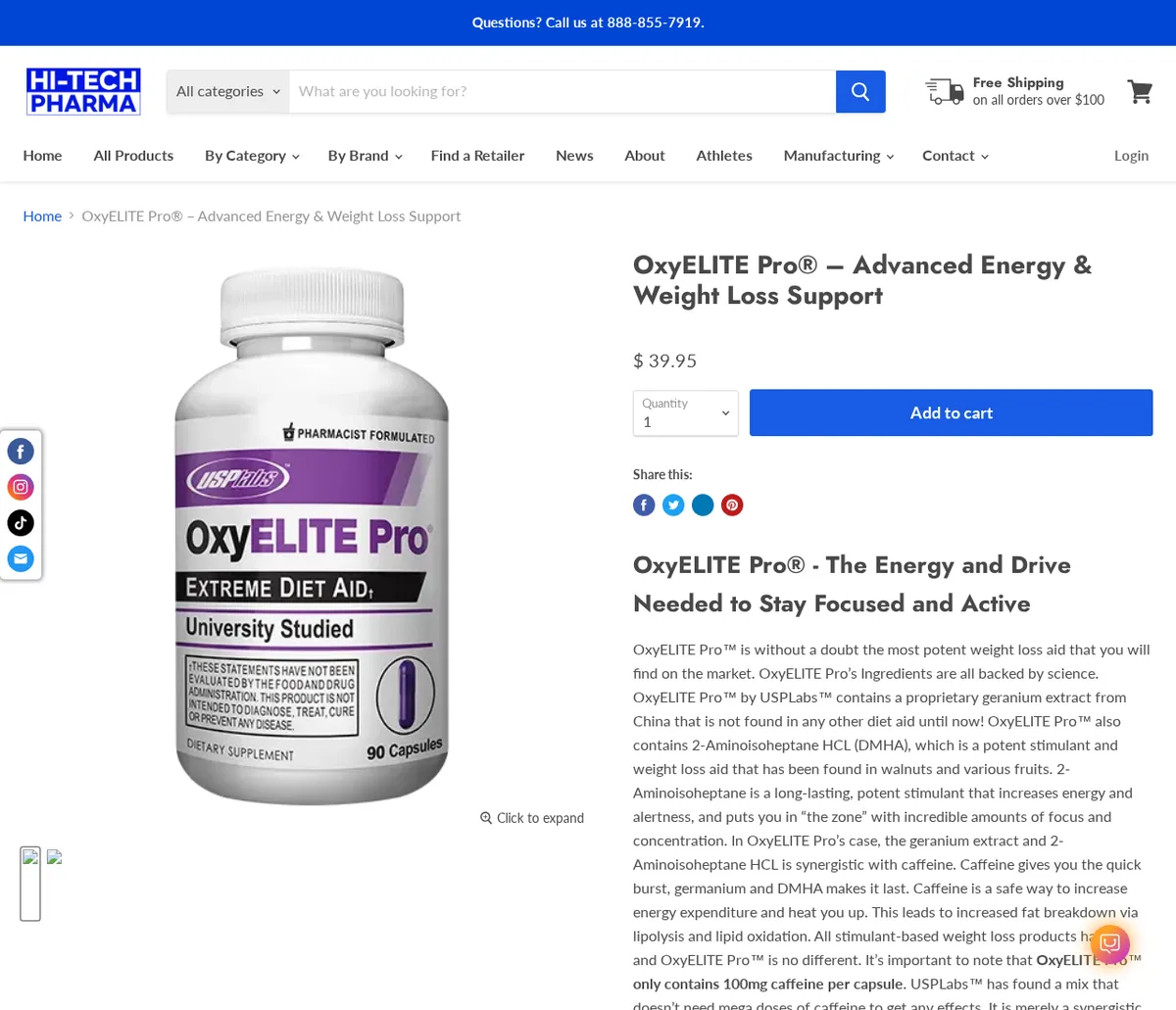 The OxyELITE Pro page on hitechpharma.com in April 2026: a white bottle with the USPlabs logo labelled Pharmacist Formulated, Extreme Diet Aid, University Studied, and text saying OxyELITE Pro by USPLabs contains a proprietary geranium extract from China and 2-Aminoisoheptane HCL (DMHA).