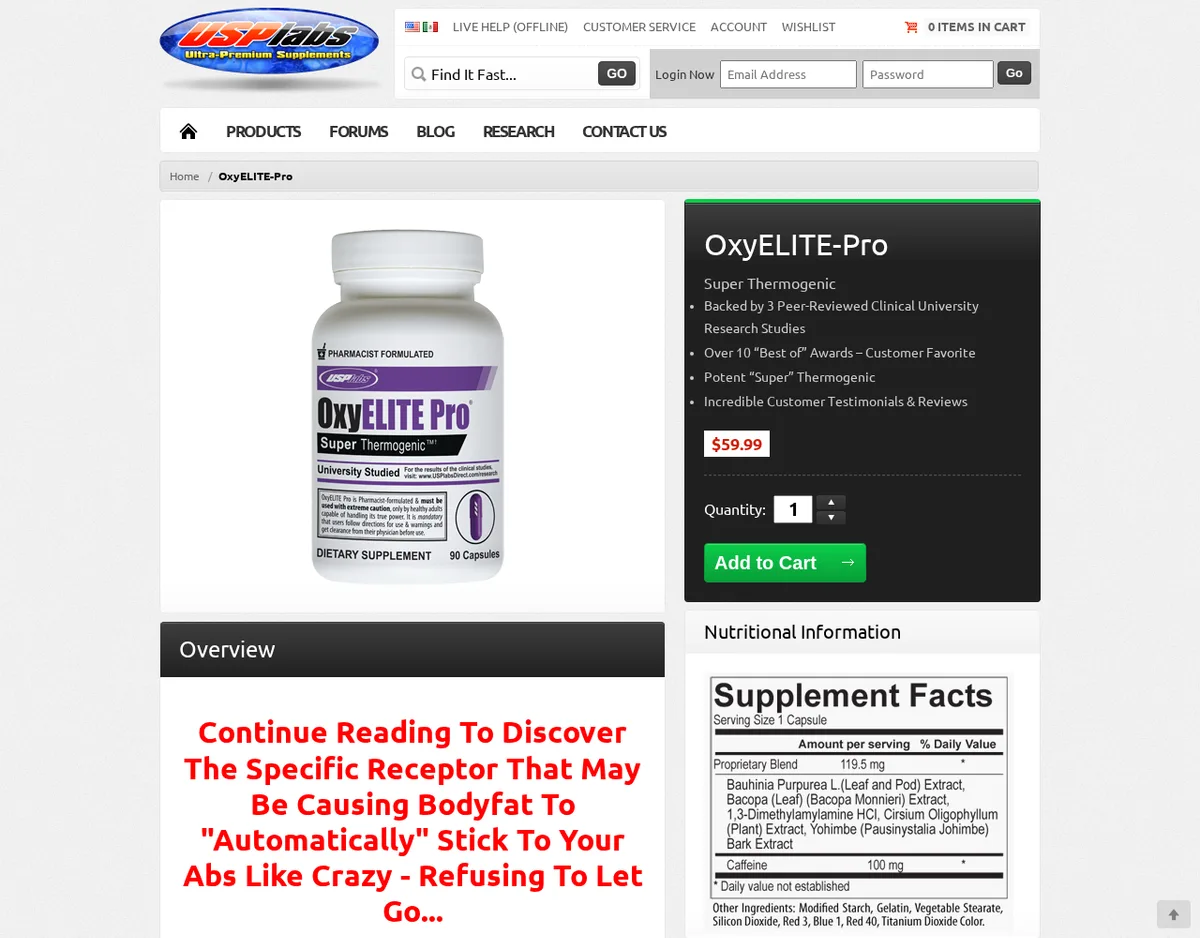 The OxyELITE Pro product page on usplabsdirect.com in May 2012: a white 90-capsule bottle labelled Pharmacist Formulated, Super Thermogenic, University Studied, and a Supplement Facts panel listing a 119.5 mg proprietary blend of Bauhinia purpurea extract, Bacopa extract, 1,3-Dimethylamylamine HCl, Cirsium oligophyllum extract and yohimbe bark extract, with 100 mg caffeine.